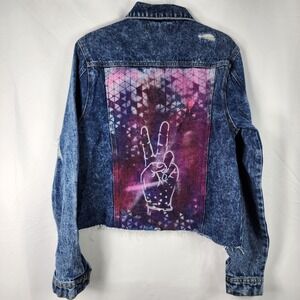 Y2K‎ Cropped Denim Jacket Womens Small PEACE Sign Graphic Artsy Festival Indie